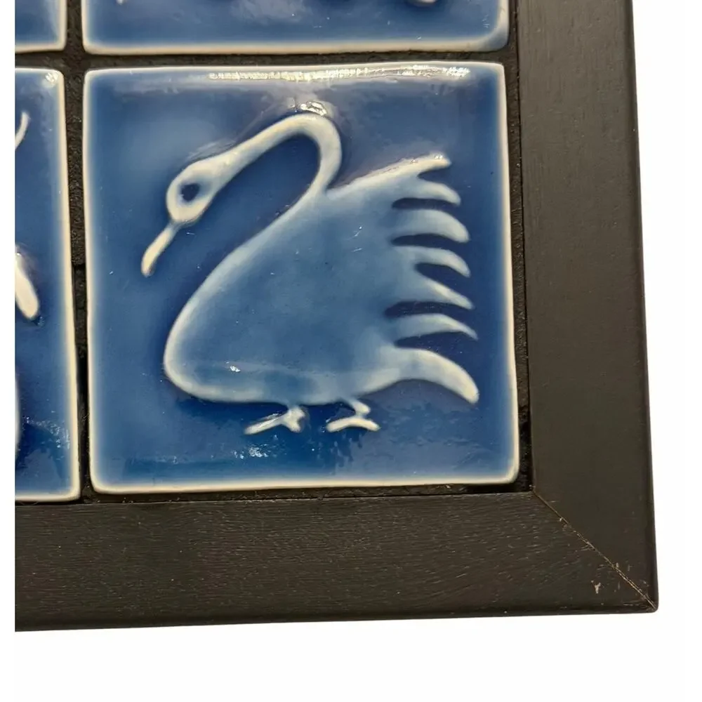 Vintage SWAN Wood Ceramic Tile TRIVET Wall Art Decor Blue 3710/67